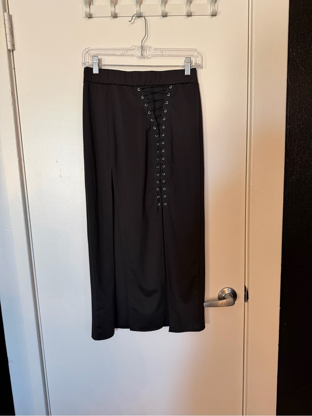 Disturbia Black Lace-Up Midi Skirt with Front Slit